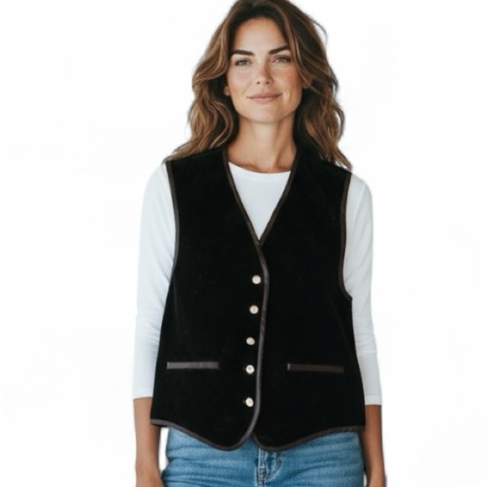 Luciano Tempesta Black Velveteen Quilted Vest with Satin Trim Vintage Size Med